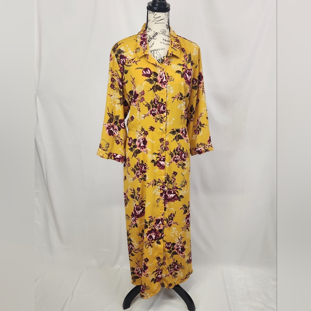 Time and Tru Mustard and Purple Floral Full Length Dress, XXL